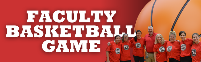 Men and women posing together in front of a basketball with red and black gradient background with white text ‘Faculty Basketball Game’