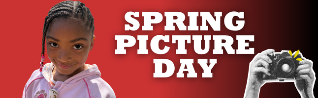 Girl smiling with red and black gradient background with white text ‘Spring Picture Day’ with hands holding a camera