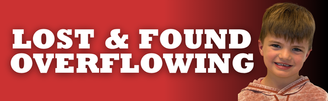 Boy smiling with red and black gradient background with white text ‘Lost & Found Overflowing’ 