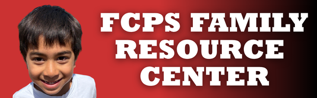 Boy smiling with red and black gradient background with white text ‘FCPS Family Resource Center’ 