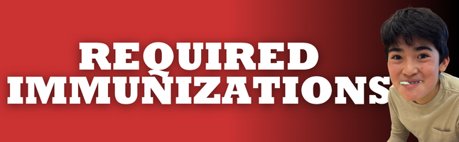 Boy smiling with red and black gradient background with white text ‘Required Immunizations’ 