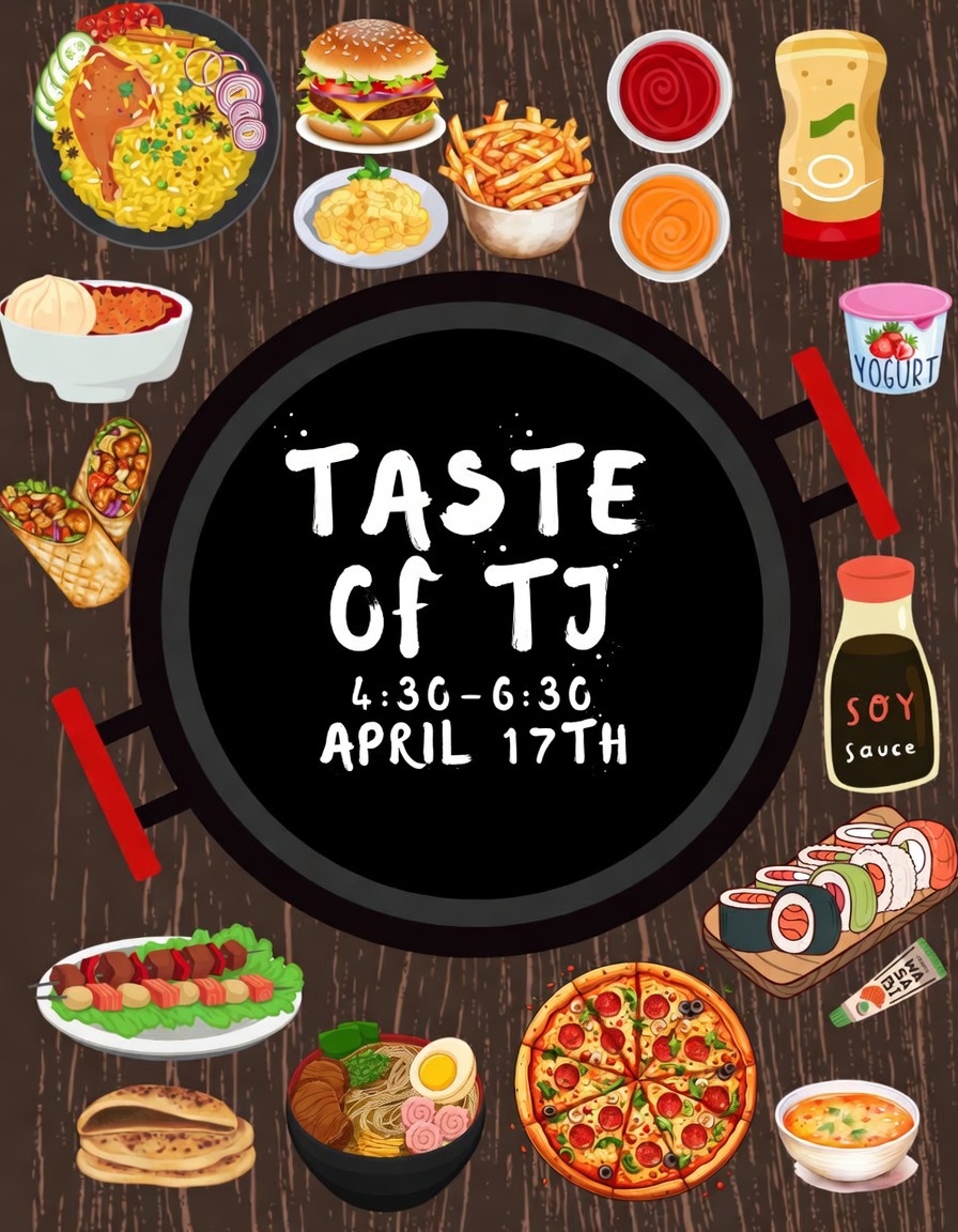 Decorative image of food items with the Words Taste of TJ and date of the event, April 17