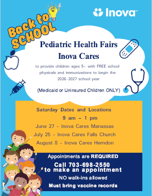 Flyer for Inova Cares Pediatric Health Fairs