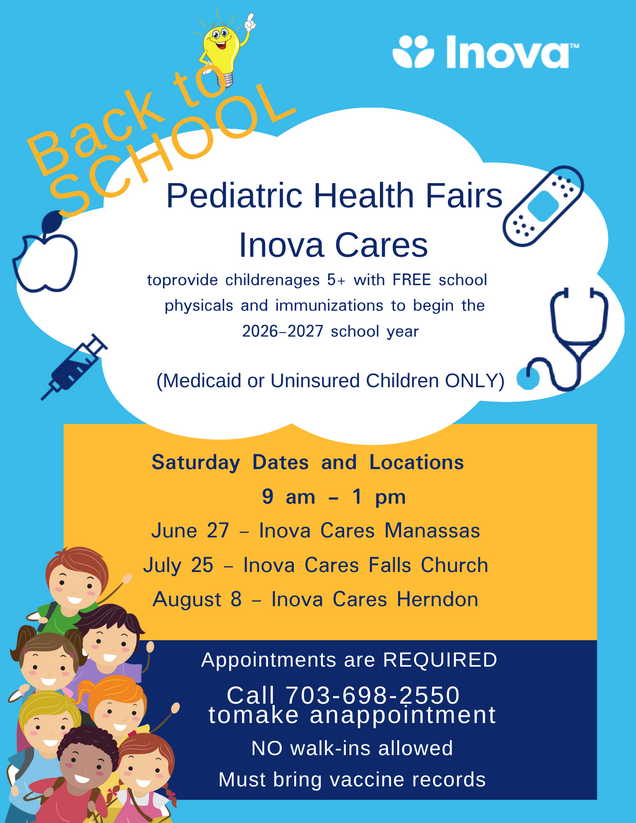 Inova Cares Flyer for Free Physicals and Immunizations