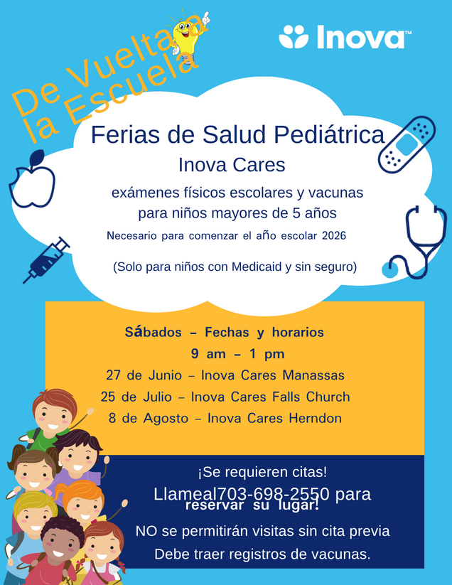 Inova Cares Flyer for Free Physicals and Immunizations