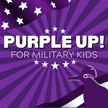 Purple Up For Military Kids on purple American Flag background with roadrunner logo