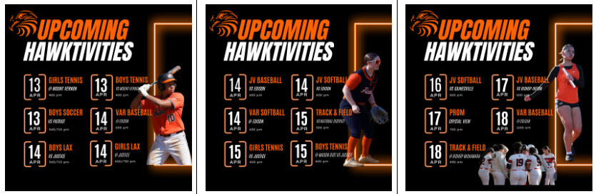 image of sports schedule, full text below