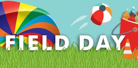 Field Day on a field of gree and colorful items