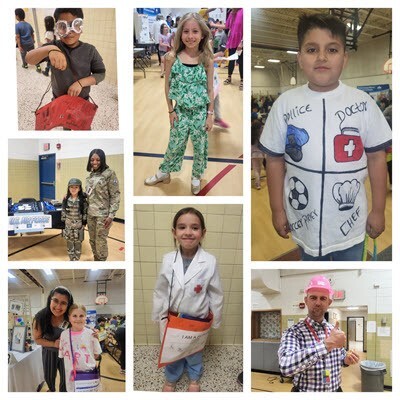 Collage of 7 photos of students and adults dressed for career day.