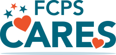 FCPS Cares logo- Words FCPS cares in red, white, and blue lettering with 
