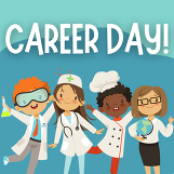 Cartoon image of scientist, nurse, chef, and teacher with Career Day title.