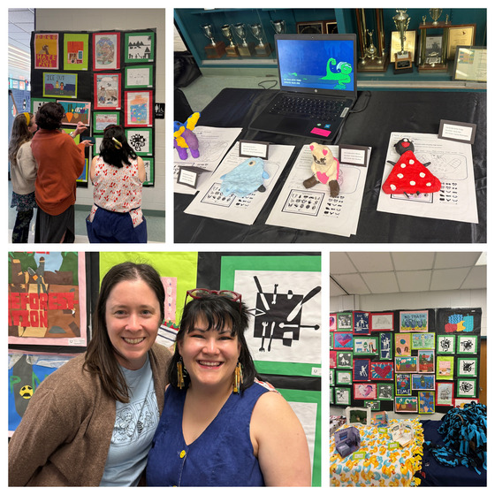 Collage of photos of student artwork from art show and two art teachers