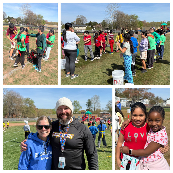 Collage of photos of students at field day and two PE teachers