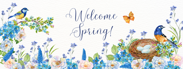 Welcome Spring with surrounding flowers, birds, nest, and butterfly