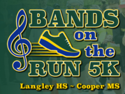 Langley- Cooper Band on the Run Logo with cartoon running shoe musical notes