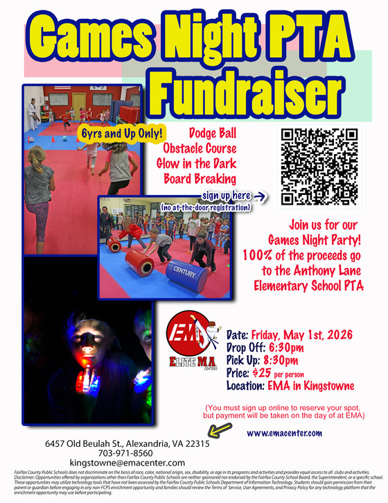 PTA Elite Martial Arts Kids Night Out flyer Friday, May 1, 6:30 - 8:30 p.m., $25 per child
