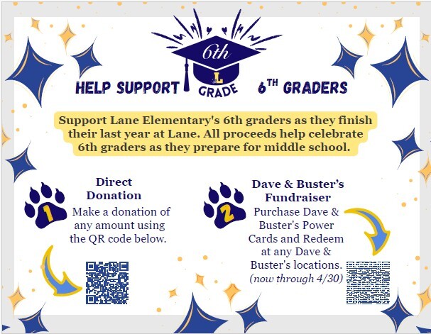 PTA Flyer for 6th Grade Fundraiser - direction donation or purchasing Dave & Buster's Powercards for $20 each