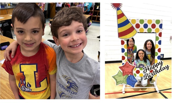 Students wearing Lane shirts for spirit day and three students posing in a Happy Birthday frame at the pep rally
