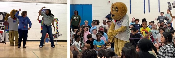 Administrators and Mr. Paws dancing and Mr. Paws hula-hooping with a student