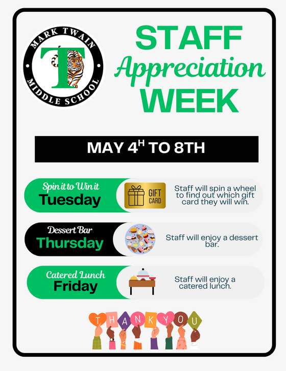 a photo of the Staff Appreciation Week flyer noting that May 5 is gift card day, May 7 is Dessert Bar day, and May 8 is the catered lunch