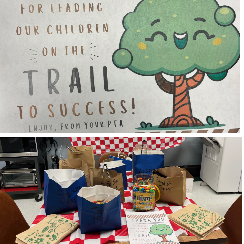 PTA flyer about Trail mix for teachers and a table with trail mix items