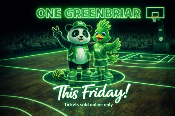 One Greenbriar event this Friday. Panda and bird mascots on a basketball court. Tickets sold online only.