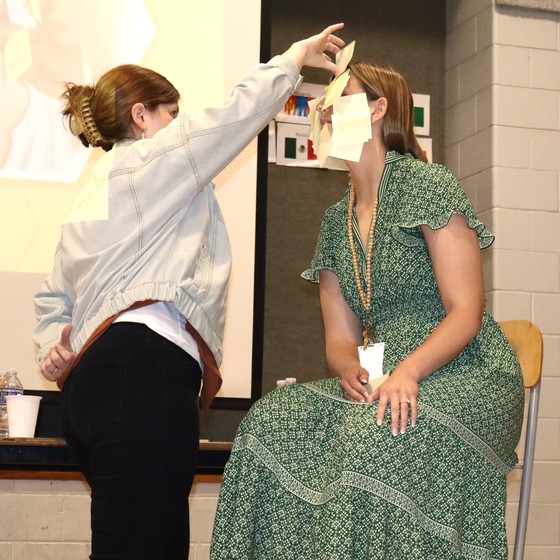 Picture of 6th Grade Teachers Jones and Higdon playing the Sticky Note Face game