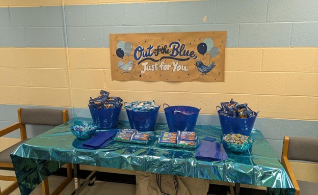 A table of blue colored snacks