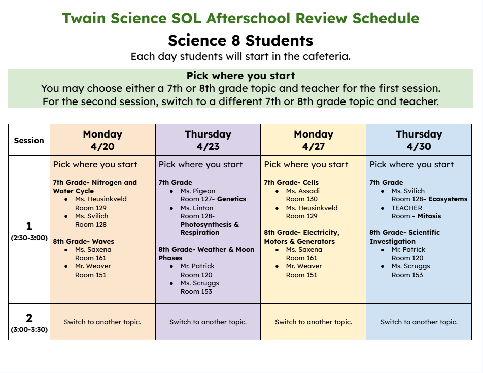 a photo of the Science SOL Bootcamp schedule