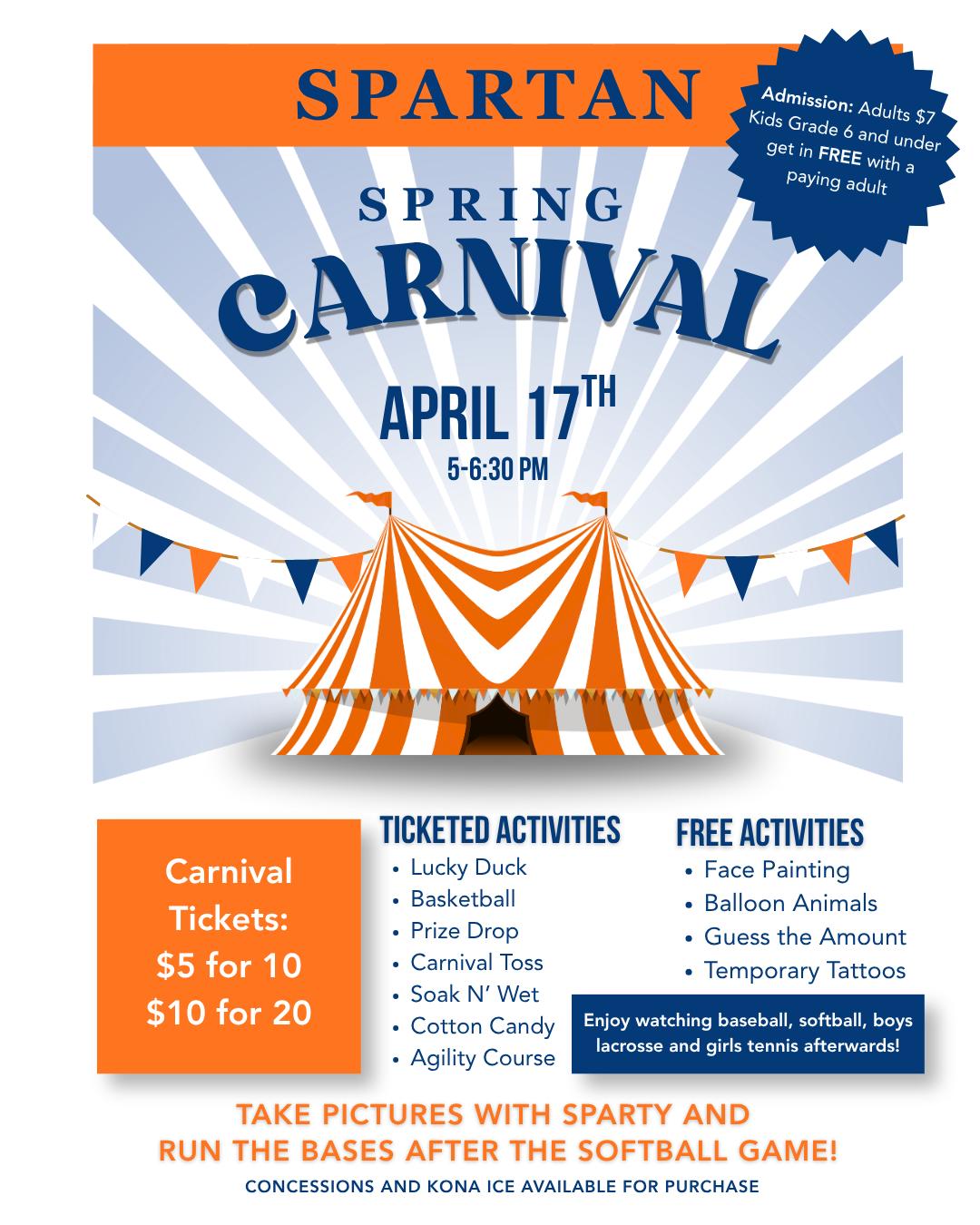 spartan spring carnival on April 17 from 5:30-6:30 PM