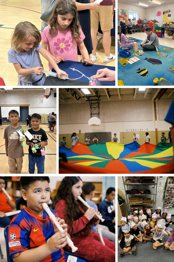 collage with 6 photos of science night, a student playing recorder, parachute activity in gym.