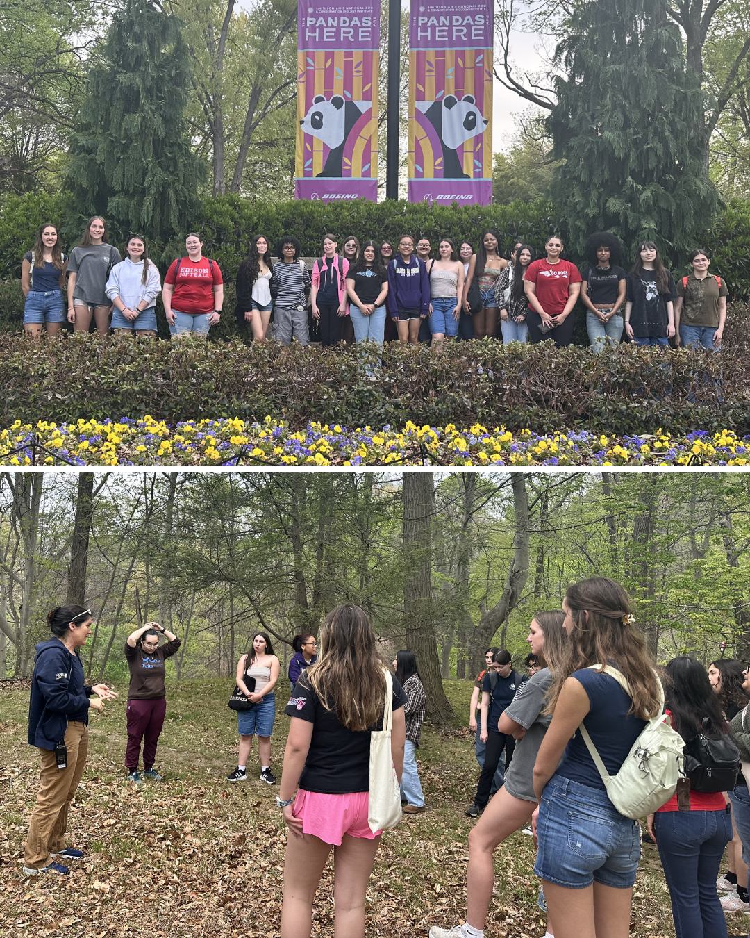 group of students at the Smithsonian Zoo posed at the entrance and listening to a zoo veterinarian