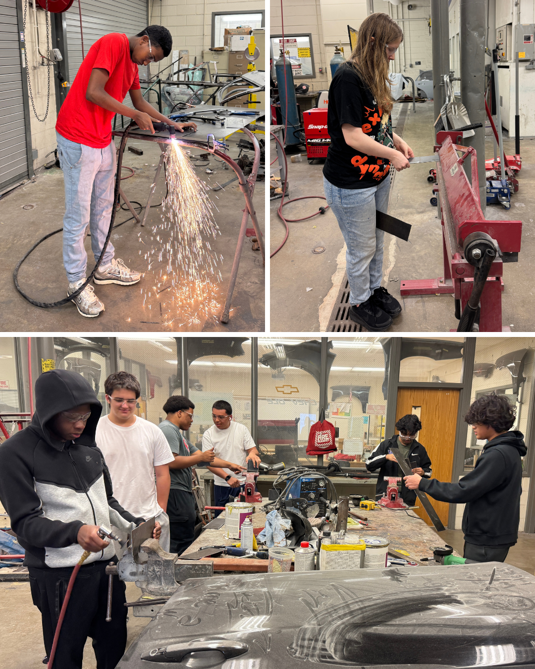 photo collage of students working in Auto Collision using the sander, cutting, and welding