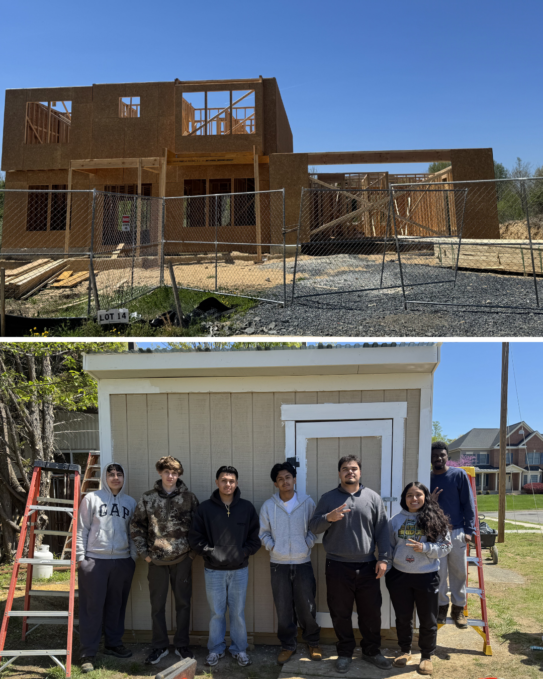 two photos, one with students in front of the shed they built and the other of the house they are framing