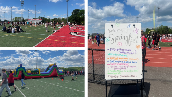 pictures of a bounce house, students playing games on the football field and a sign that says Spring Fest