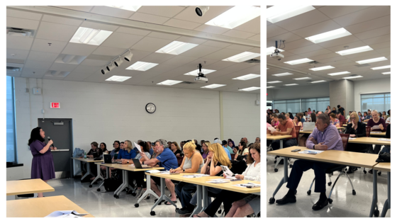 Senior parents sitting at tables in the HHS Lecture Hall.