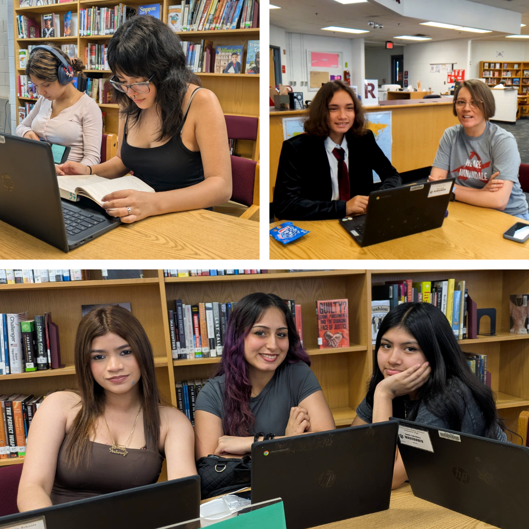 students and staff in library