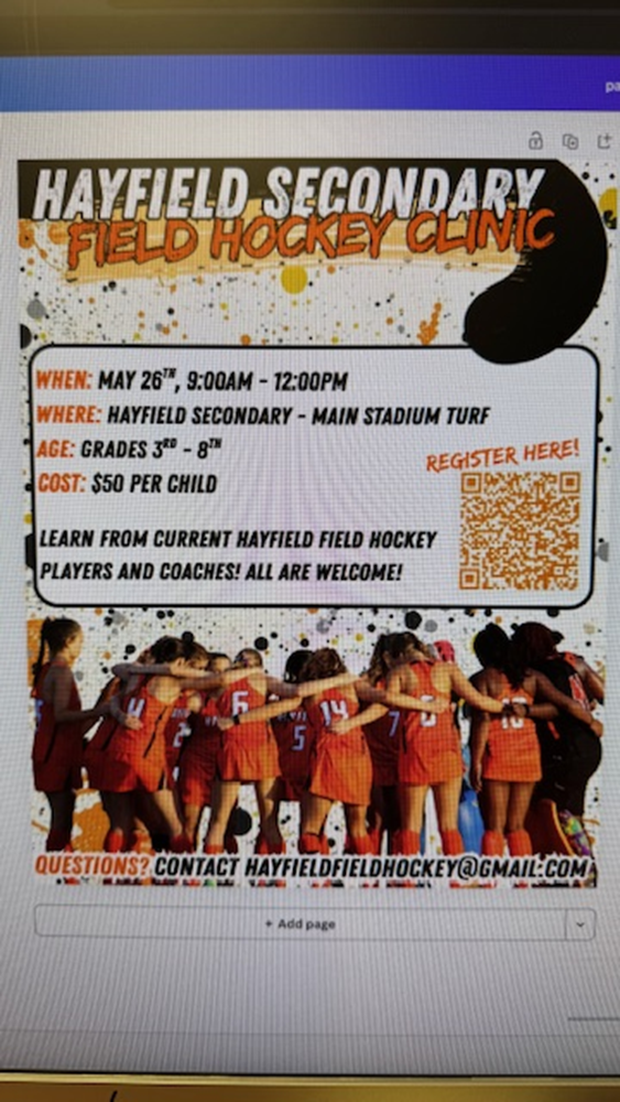Hayfiel Field Hockey team youth clinic, May 26, 9 a.m. - 12 p.m., $50