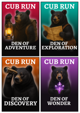 Top left to right images: Den of Adventure and Exploration.  Bottom left to right images: Den of Discovery and Wonder. 