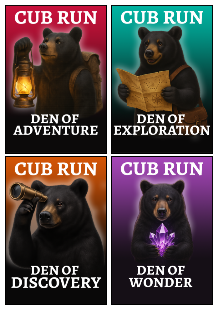 Top left to right images: Den of Adventure and Exploration.  Bottom left to right images: Den of Discovery and Wonder. 