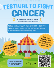  CHS Wildcats Festival to Fight Cancer. Friday, May 8th, 5-8 PM. Donation entry. Games, face painting, Kona Ice. red and yellow tent with sky