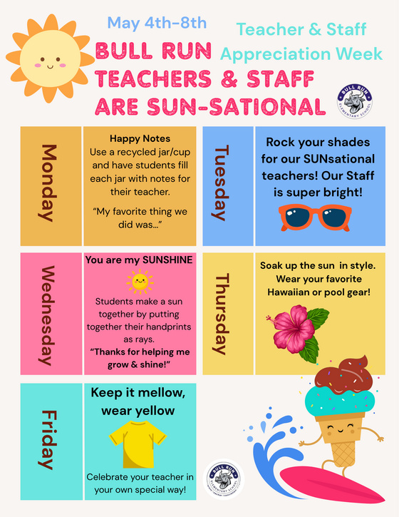 Teacher Appreciation Week flyer (May 4-8). Theme: "SUN-sational." images notes, sunglasses, handprints, Hawaiian, yellow.