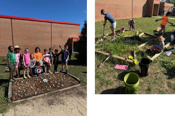 Ms. James and students cleaning up the garden outside of the school