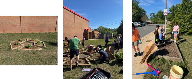 students cleaning up gardens in front of the school