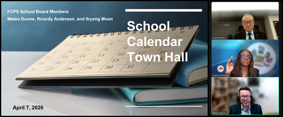 Graphic showing School Calendar Town Hall and three school board member photos
