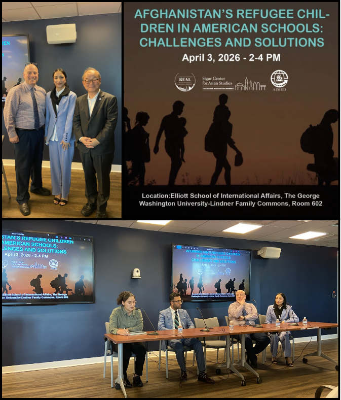 Panelists at a table discussing refugee children from Afghanistan in US schools