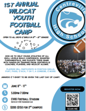 football players, a football and the centreville high school logo