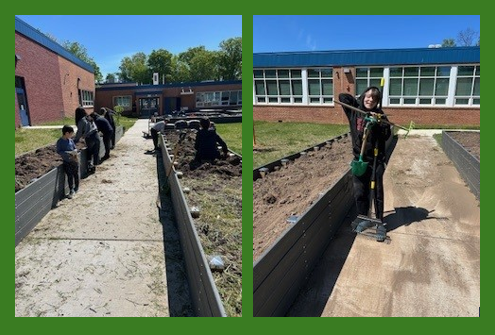 kids cleaning flower beds