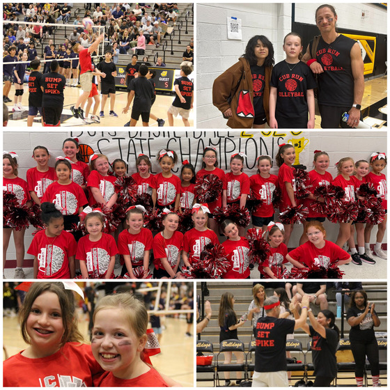 A five-panel collage of the 6th grade volleyball game against Virginia Run Elementary featuring students, staff, and the CRES Cheer team.