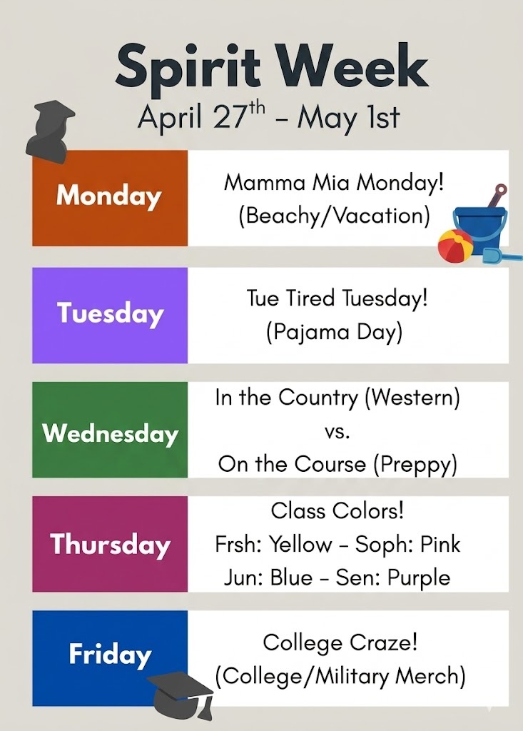 Celebrate Spirit Week: April 27th – May 1st The flyer features simple graphics including graduation caps, a beach bucket, and a beach ball. 